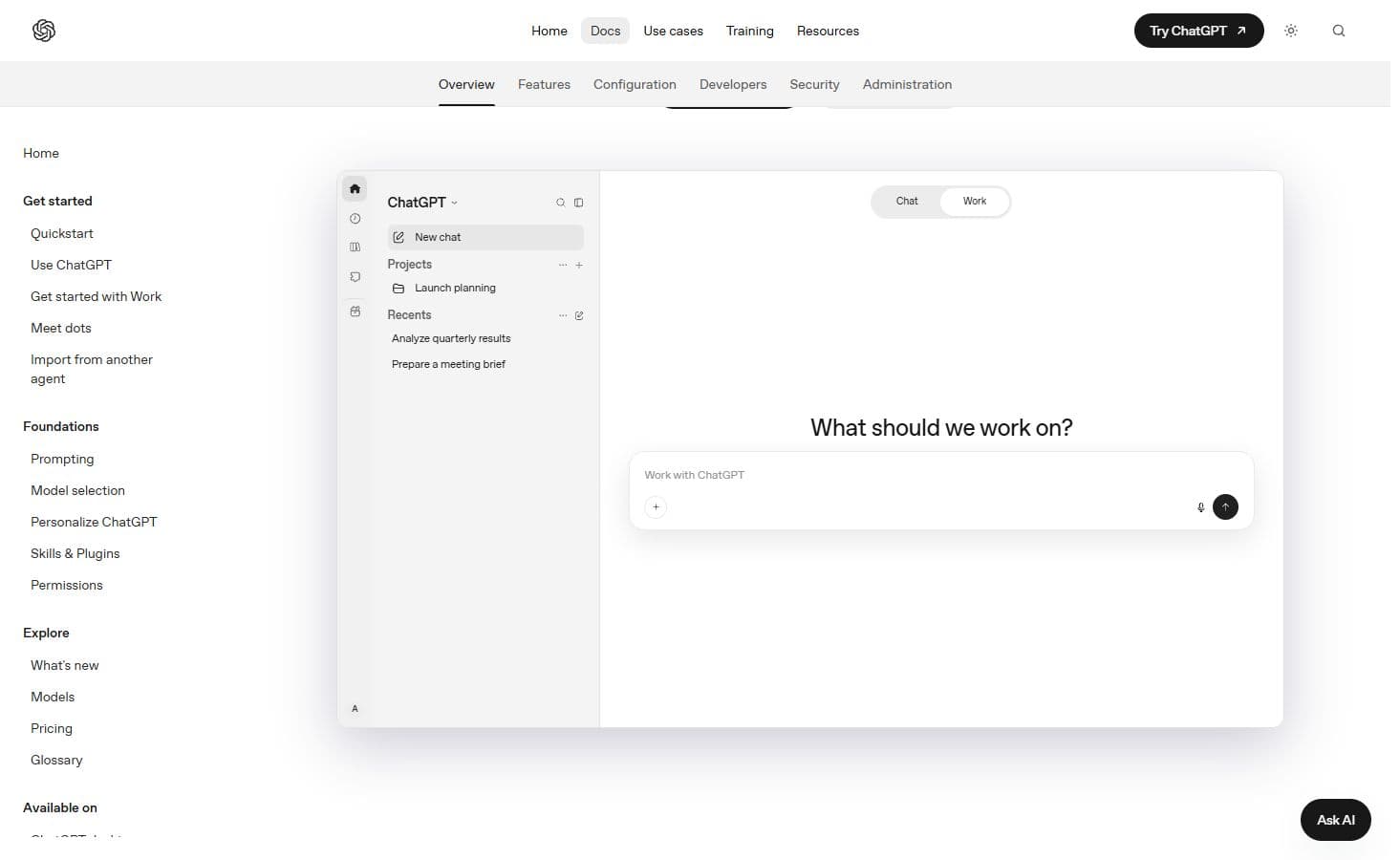 OpenAI’s official web documentation, showing its ChatGPT Work interface illustration.