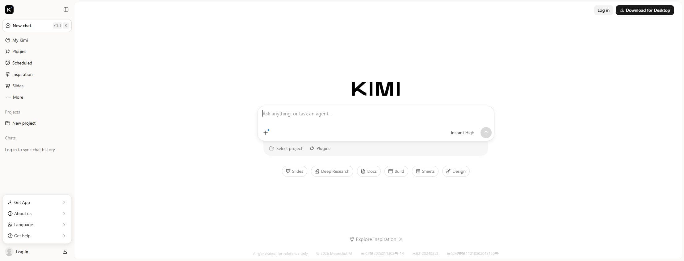 Kimi’s public web interface with research, document, spreadsheet and slide shortcuts.
