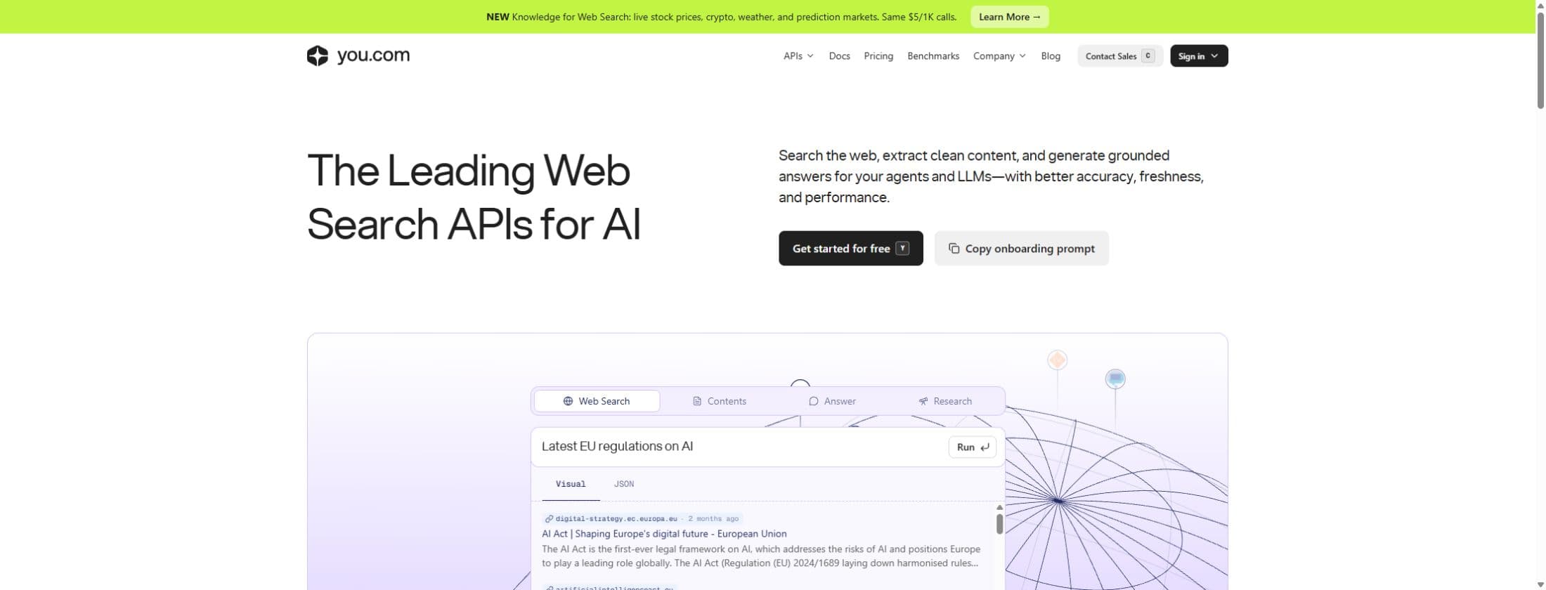 You.com’s public API website and its example web-search demonstration. Captured 4 October 2026; the example is not our benchmark.